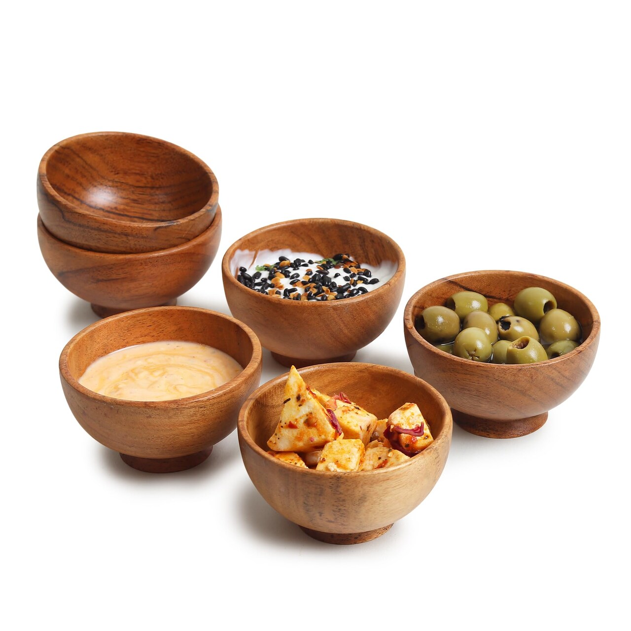 Set of 6 Acacia wood small bowls, 4 fl oz 3.2 * 2 inches | Hand carved small dipping bowls for sauce, salsa. Little bowls for ingredient prep, spices | Charcuterie boards accessories